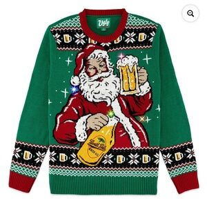 Ugly Christmas Sweater Large- Santa with Beer in Green and Red Holiday Christmas